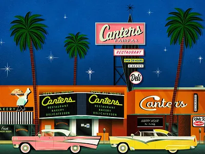 Canter's Deli 1950s bakery california canters delicatessen drawing fairfax fairfax district fan artist illustration kibitz room los angeles palm trees print restaurant sign vintage