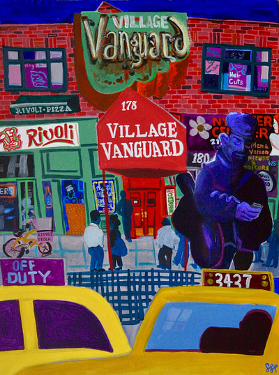 Meet Me at the Vanguard downtown institution jazz music musician new york nyc sax sign street venue