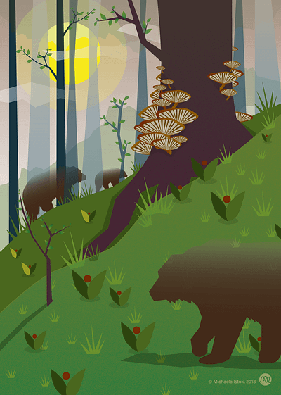 Bears in a Summery Forest bear berries biodiversity ecology fungi illustration mystical nature summer vector