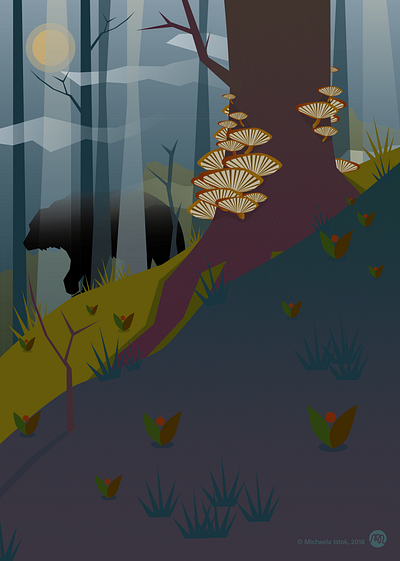 Bears in an Autumnal Forest bear ecology forest fungi illustration misty mystical nature vector