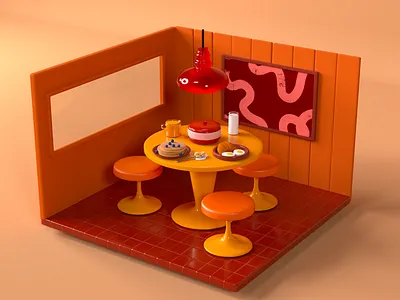 Dining room 3d illustration 3d rendering breakfast diner dinner eating food furniture home house decor interior design kitchen midcentury midcentury modern small scene sun
