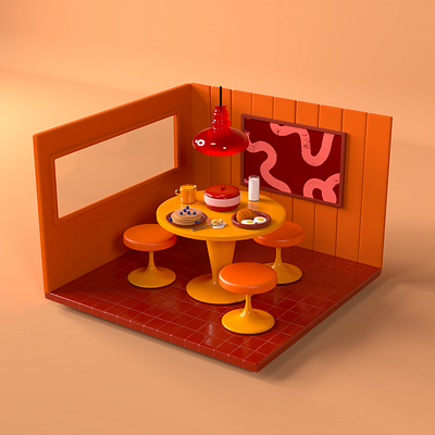 Dining room 3d illustration 3d rendering breakfast diner dinner eating food furniture home house decor interior design kitchen midcentury midcentury modern small scene sun