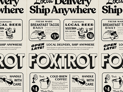 Foxtrot: Summer Merch advertisement beer classifieds coffee delivery design food illustration newspaper newsprint retro tacos type typography vector