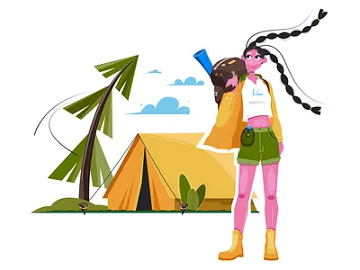 Hike girl 2d camping character digital face forest girl illustration line nature travel tree vector wind yellow