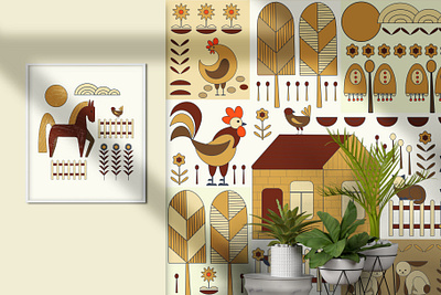 Cottagecore bird brand design branding chickens clipart concept cottage core creative market flat geometrical horse pattern design vector