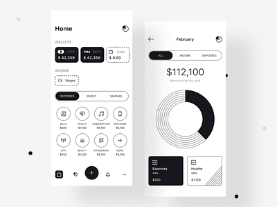 Wealth Management App app black black and white black white cards cash design expenses finance finance app income money statistics transactions ui uidesign wealth weather app white