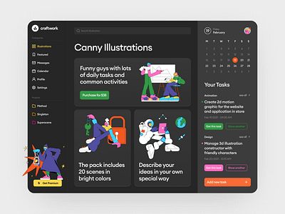 Canny Illustrations 🖤 app application canny colorful contrast craftwork dark design illustrations landing ui vector web website