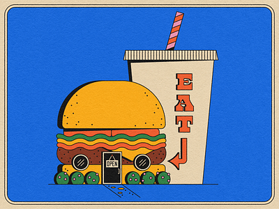 Diner cheeseburger diner drink fast food flat food illustration line art texture