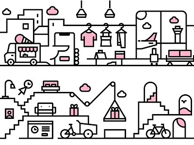 Klarna "Never Forget Test" illustrations airport clothes delivery design furniture graphicdesign icecream icon iconography illustration klarna minimal shopping vector