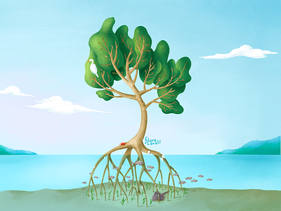 Mangrove bird clouds environment fish green illustration lake mangrove procreate roots sand sky tree water