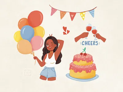 Party Time Illustration Set balloons black branding cake character character design design digital art female girl girl character grain happy illustration party stickers vintage woman yellow young