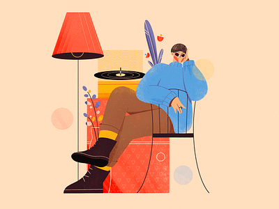 The girl and vinyl art blog illustration character character design chilling color palette cozy explainer flat illustration girl girl character home illustration interior love music procreate texture vinyl web illustration