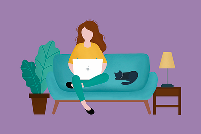 Remote Work cats character design couch illustration loyalbe new job plant procreate remote work work from home