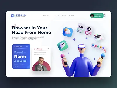 Futuplay: VR searching Landing 3d 3d art browse comunity design game illustration landing matid promo searching service ui ux virtual reality vr web web design website