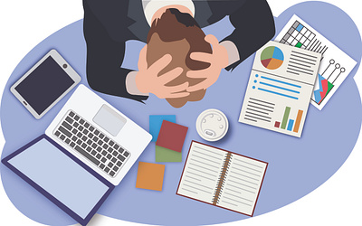 Desktop business businessman confused design desktop finance flat illustration laptop problem reports vector