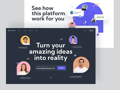 Makerpads No Code — Landing Page app automation clean community dark mode developer development growth ideas landing page marketing membership modern no code npw productivity purple software ui ux