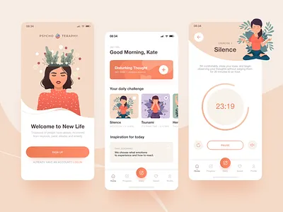 Psychology App Concept flat illustrator meditation mobile mobile app psychology timer ui