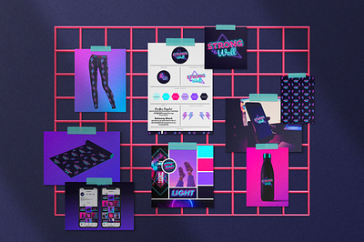 Strong & Well 80s branding branding design fitness logo design merch design neon pattern design vaporwave visual identity yoga