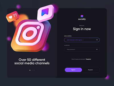 Socially - Social Media App UX/UI Design - Login Screen app chart dark illustration instagram interface media mobile mobile app mobileapp organize social social media socialmedia ui uiux unikat unique ux