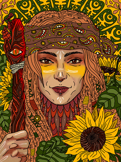 Queen of wands character design digital art digital illustration digitalart drawing dreadlocks girl girl illustration illustration portrait portrait illustration procreateapp queen queen of wands sun sunflower tarot tarot card