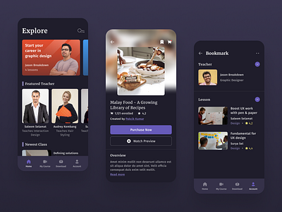 E-Course Mobile Application app clean course app courses dark mode design exploration mobile mobile app online courses ui uiconcept