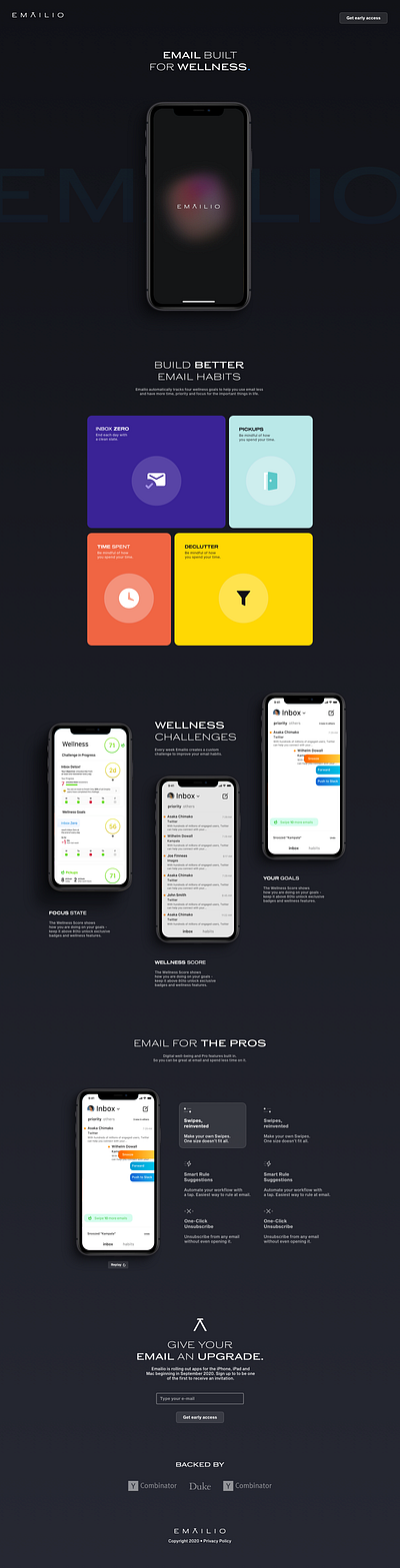 Emailio Product Landing Page Concept Design app app design app designer concept design email emailio focus goals landing landing page landingpage life page product design productdesign ui uiux ux wellness