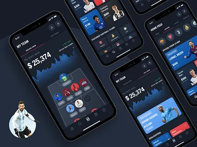 FanTrade. Mobile app to trade footballers futures banking app betting blue dark mode dark theme dark ui design football graph payments screen sports sports branding stocks trading trading app ui ux