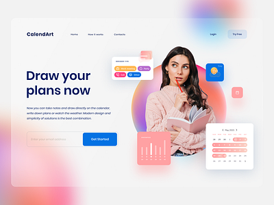 CalendArt - Landing page 2d app calendar app clean design glass glassmorphism gradient graphic design landing modern simple site trendy ui ux