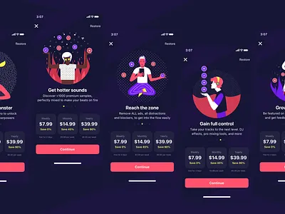 paywall app app ui art branding design illustration music app music app ui music player onboarding payment paywall ui user ux vector