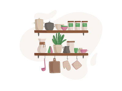 Kitchen shelves design dishes illustration interior kitchen plant shelves vector