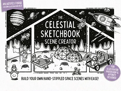 Celestial Sketchbook - Cover astronaut base buggy galaxy mars meteor meteors moon planet planets robot rocket rover scene scene creator sky space stars