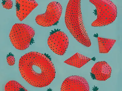 Strawberries apple banana berries diamond dodecahedron donut fruit fruits geometric geometry painting photoshop pink pyramid red shapes strawberries teal watercolor wedge