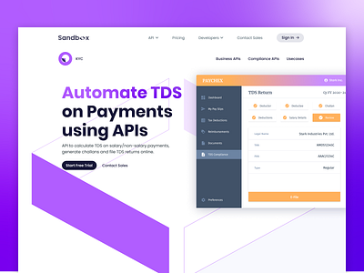 Sandbox | TDS Page accounting api fintech hrms landing page paycheck payment payments sandbox tds web design