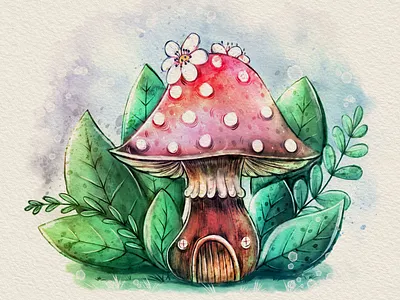Mushroom card flower forest garden house illustration leaf mushroom nature watercolor wreath