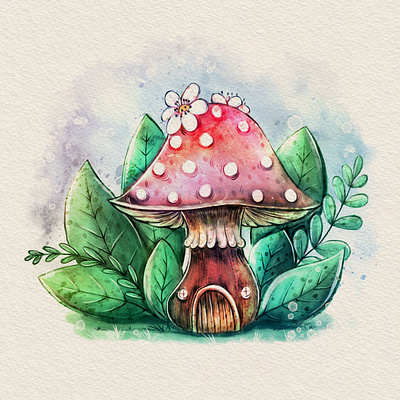 Mushroom card flower forest garden house illustration leaf mushroom nature watercolor wreath