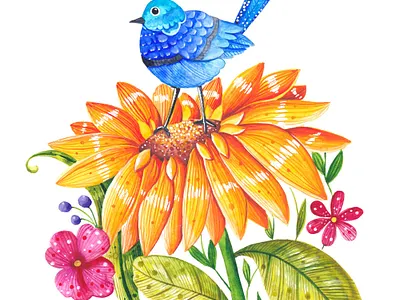 Summer flower with a blue bird autumn blue card cart floral flower illustration invitation summer sunflower t shirt design t shirt design ideas watercolor watercolor art watercolor painting