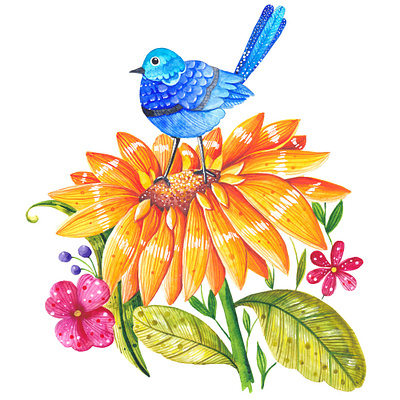 Summer flower with a blue bird autumn blue card cart floral flower illustration invitation summer sunflower t shirt design t shirt design ideas watercolor watercolor art watercolor painting