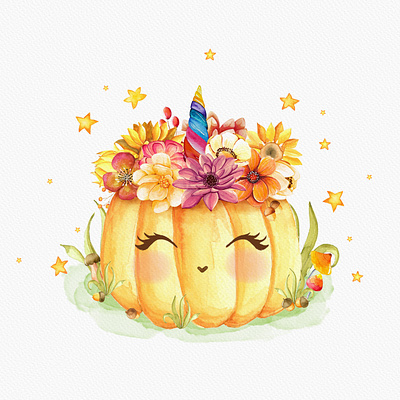 pumpkin autumn card card design concept cute fantasy flower girly mushroom october pumpkin stars unicorn watercolor yellow