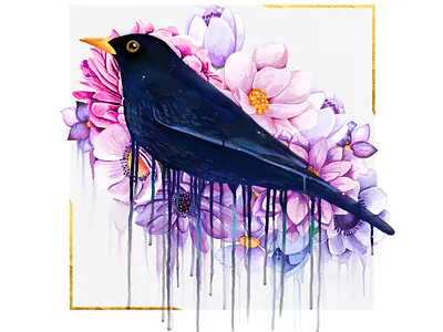 Common bird animal beautiful bird illustration card drawing fantasy floral floral design flowers gold hand painted illustration invitations sketch spring summer watercolor watercolor art watercolor painting