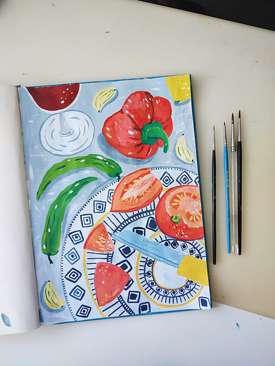 Tomato Salad art drawing food gouache hand drawn illustration kitchen painting pepper salad still life tomato