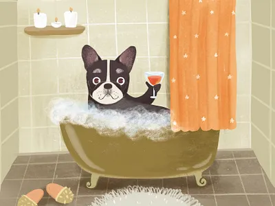 Dog relaxing in a bath animal bathroom branding character character design chilling design digital art dog friday funny green illustration logo pet pug relaxed spa weekend