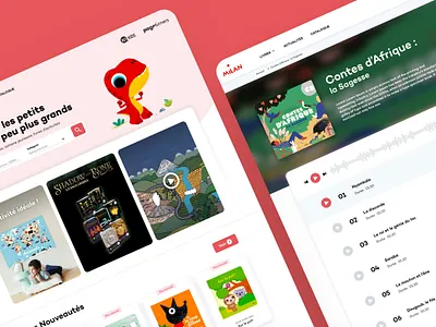 Kids' book publisher website books branding color comics dinousaure education family figma flat interface kids media mockup player red school story ux webdesign website