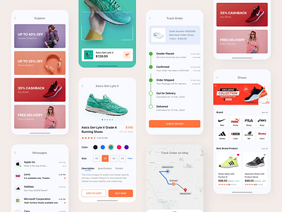 E-commerce App Design chat e commerce map message messenger online shopping popular product product app product details retail store scan selling app shoes shopping shopping app track trending ui kit