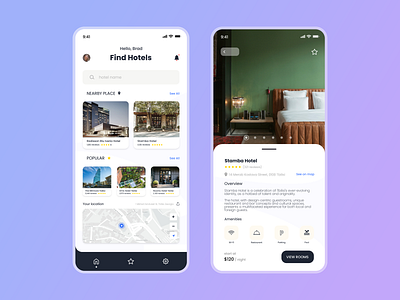 Hotel Booking App booking design europe gradient hotel hotel booking ios iphone mobile app mobile app design purple purple gradient screens tbilisi ui uidesign uiux userinterface ux