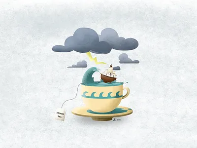 A Cup of Sea art illustration illustrator photoshop sailing ship sea skillshare storm tea teacup thunder wave