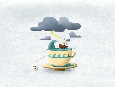 A Cup of Sea art illustration illustrator photoshop sailing ship sea skillshare storm tea teacup thunder wave