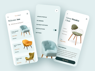 Furniture App Design - Ecommerce buy chair clean creative ecommerce flat furniture furniture app furniture store minimal mobile mobile app online shop sofa table typography ux wood