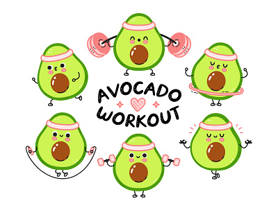 Avocado fitness bundle cartoon character concept cute doodle dumbbell exercises gym illustration jugging kawaii marathon meditate run set sport vegan workout yoga