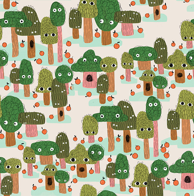 Monster Trees! Pattern Design apples childrens design childrens logo fabric pattern fun kids design kids logo licensed artwork licensing monsters pattern design pattern designer playful textiles trees weird