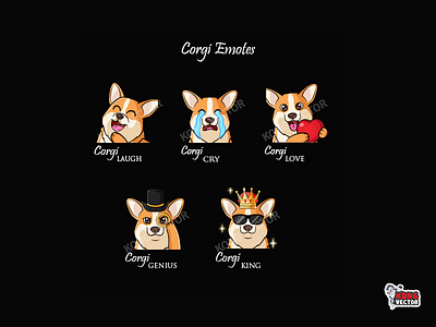 Corgi Twitch Emotes cartoon corgi creative idea cru customemote daily fun design emoji emote emoteart emotes genius graphicforstream illustration king laugh love streamer twitch twitchemote